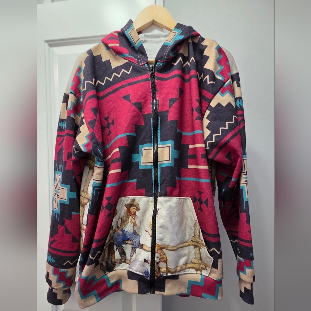 Southwestern Pattern Zip-Up Hoodie Extra Large